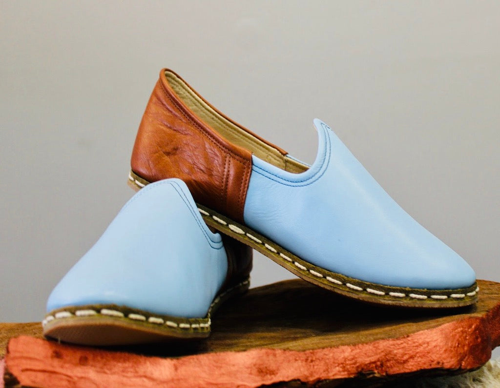 Sky Blue & Brown Handmade Leather Shoes - Mawlana Cashmere & Silk
