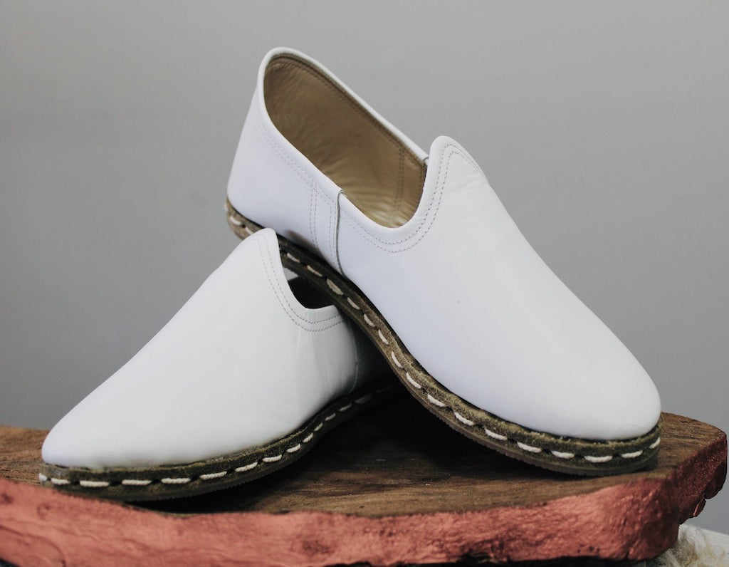 White Handmade Leather Shoes - Mawlana Cashmere & Silk