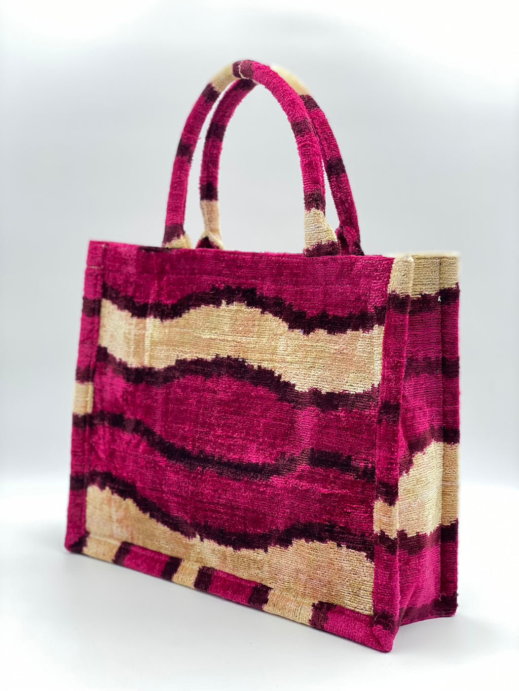 Velvet Silk IKAT Large Handbag - Hot Pink Wave