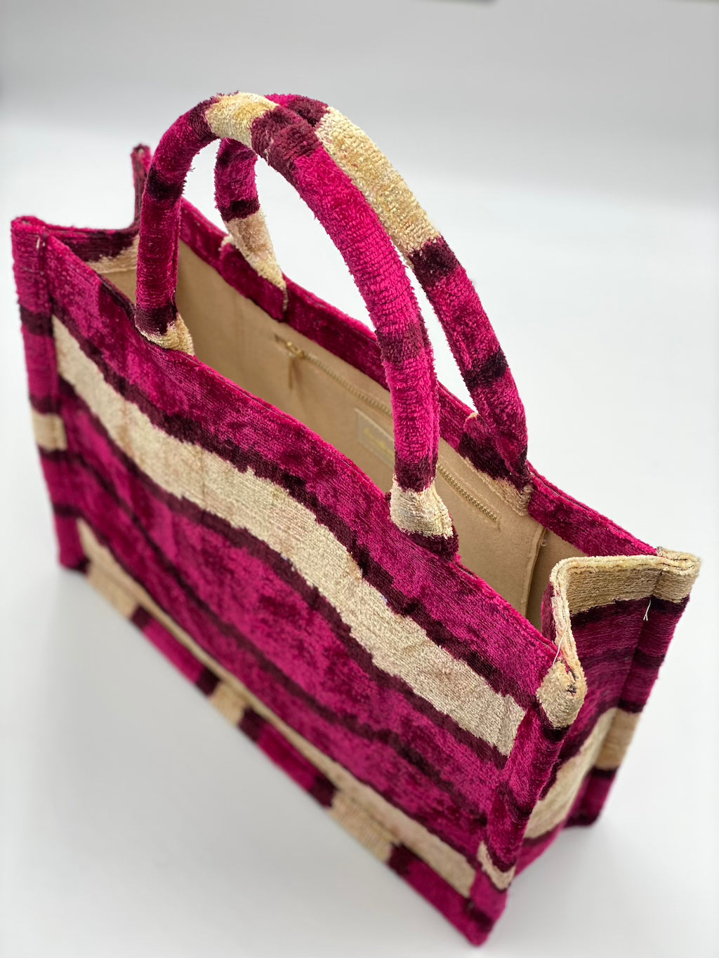 Velvet Silk IKAT Large Handbag - Hot Pink Wave