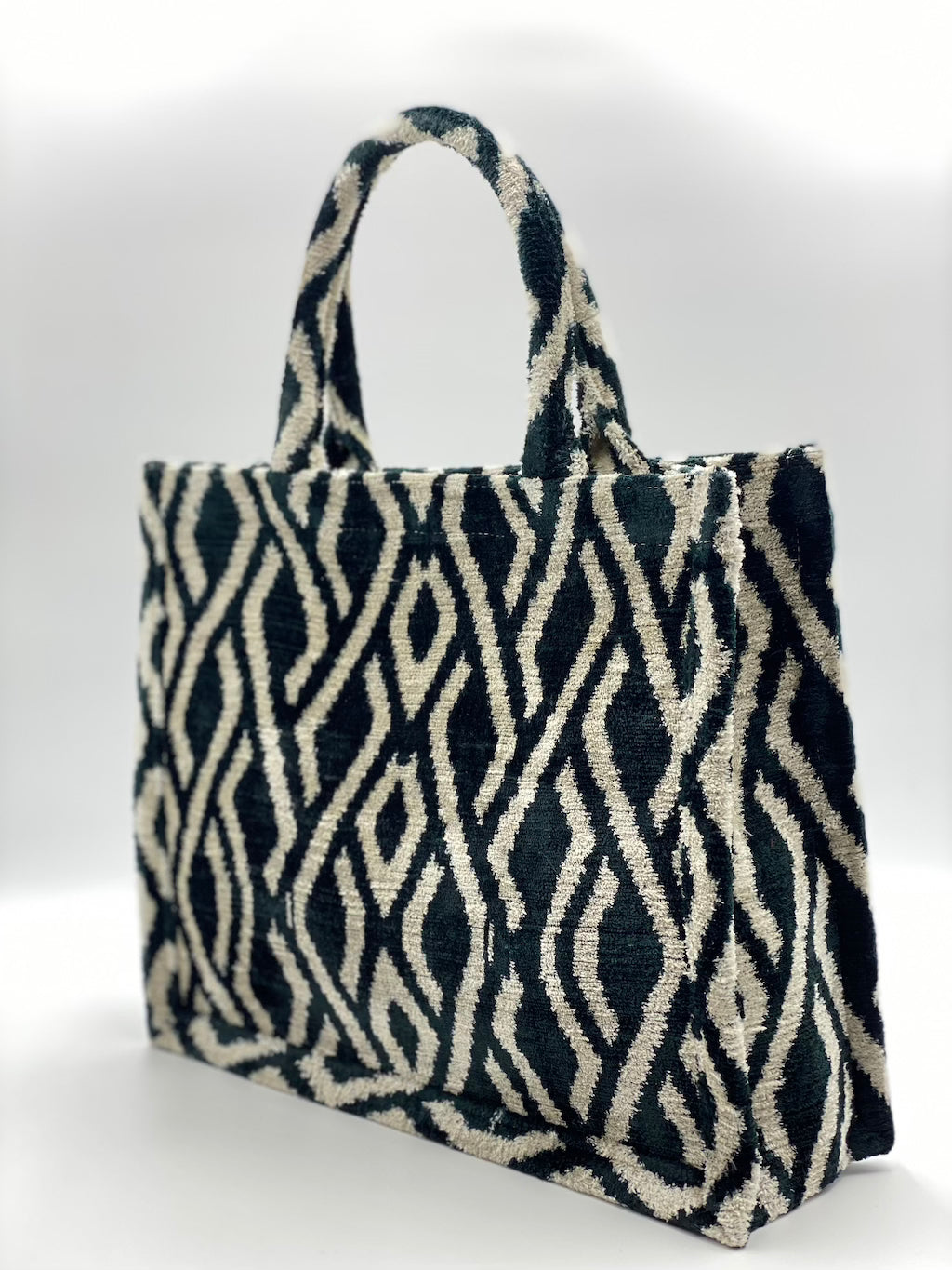 Velvet Silk IKAT Large Handbag - Intertwined Black