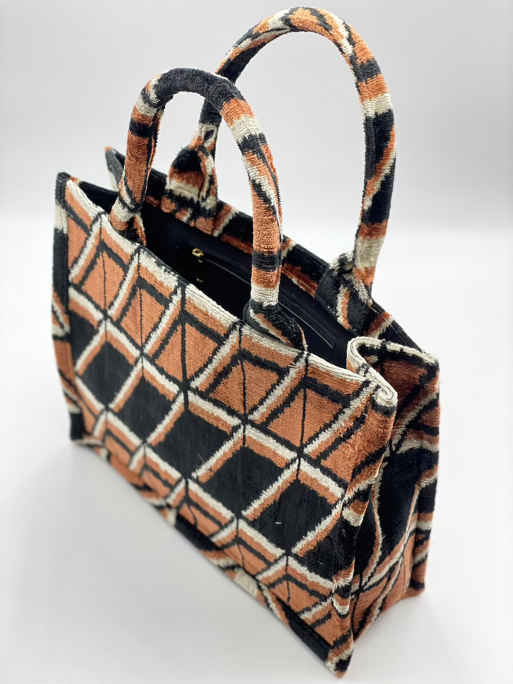 Velvet Silk IKAT Large Handbag - Tawny Geometry