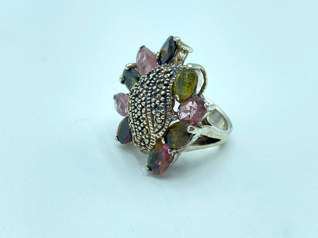 Marcasite Ring Sterling Silver - Tourmaline Marcasite Flower Size 5