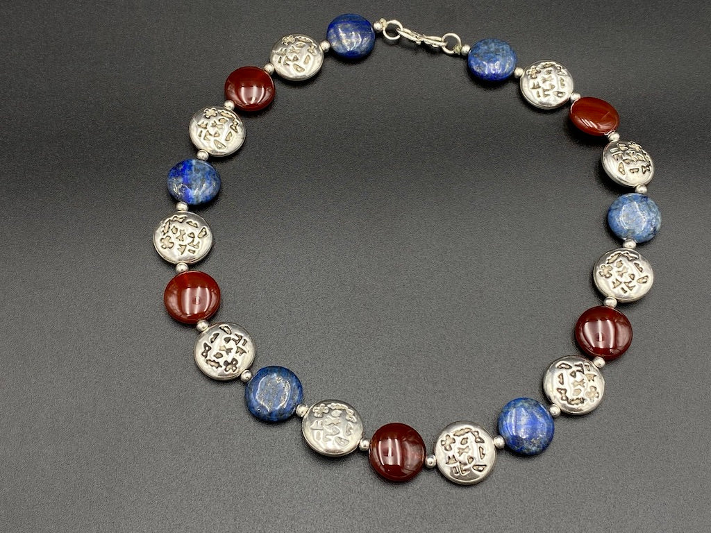 Handmade Aleppo Antique Necklaces -Flat Phoneician Alphabet with Lapis Azul & Agate