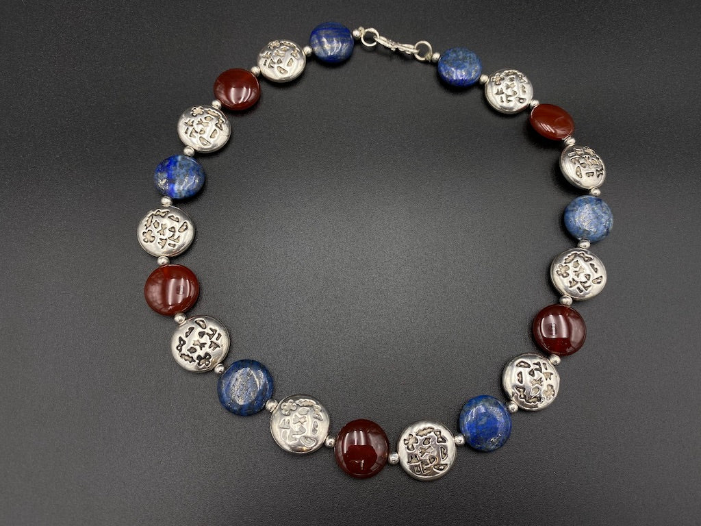Handmade Aleppo Antique Necklaces -Flat Phoneician Alphabet with Lapis Azul & Agate