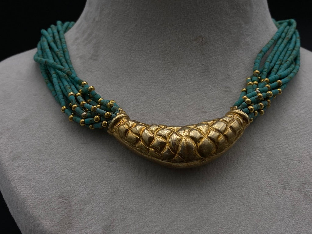 Handmade Aleppo Antique Necklaces - Beaded Gold Turquoise Pine Moon