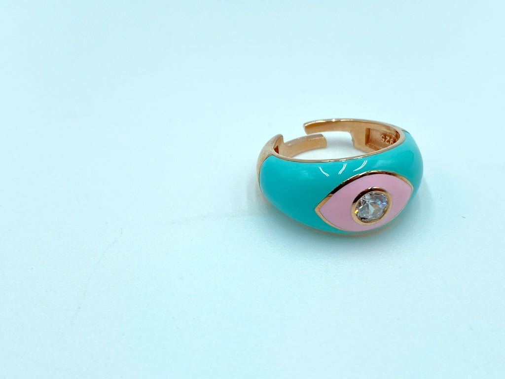 Evil Eye Modern Jewelry - Teal Pink Adjustable Ring