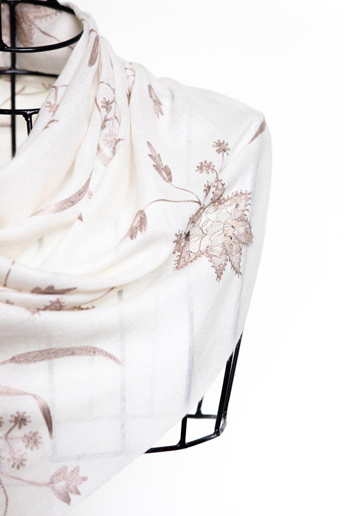 Lace & Embroidery Floral Sheer Shawl - Ivory Sepia