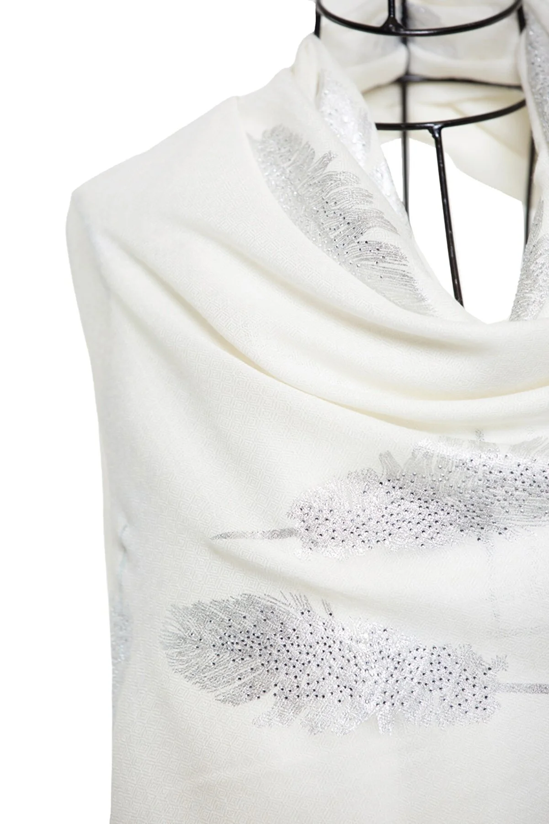 Angel Feathers Crystal Feathers Shawl Stole - Ivory Silver