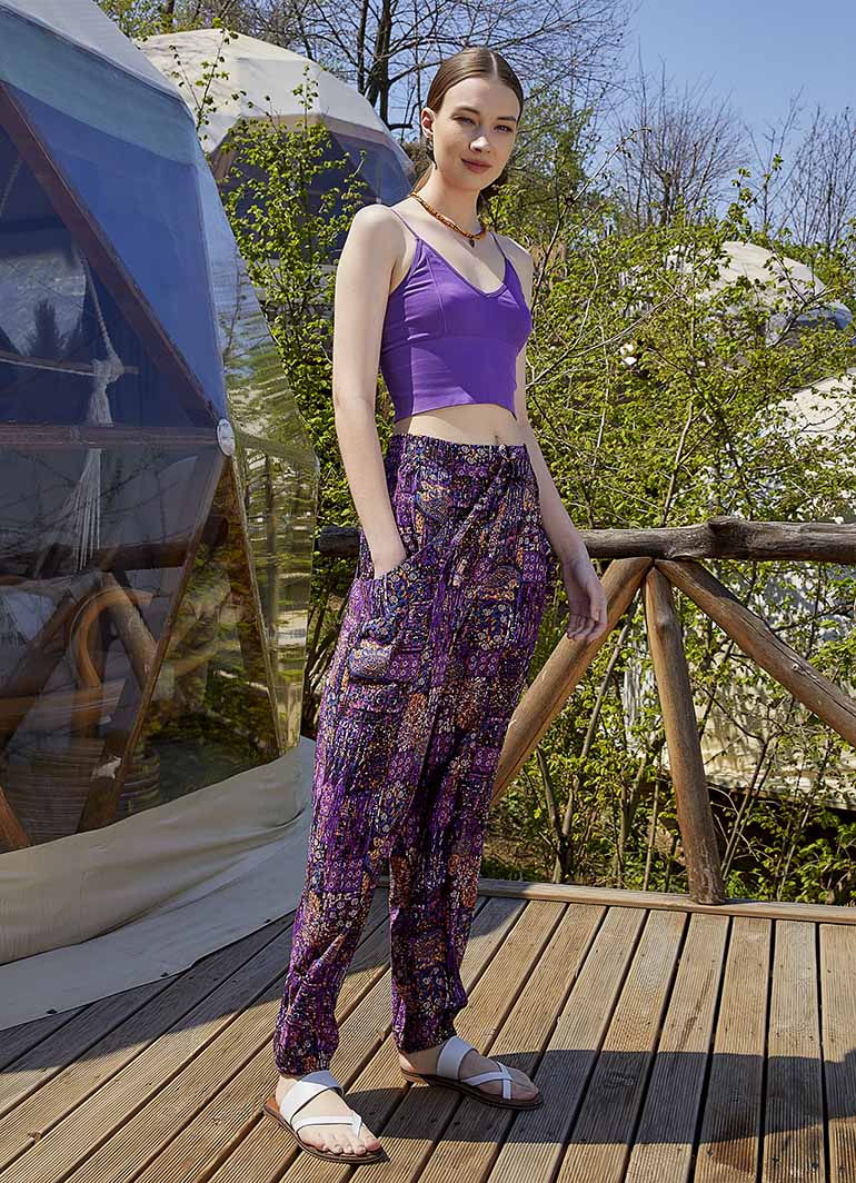 Bohemian Style Flowy Baggy Trousers - Purple Mandala