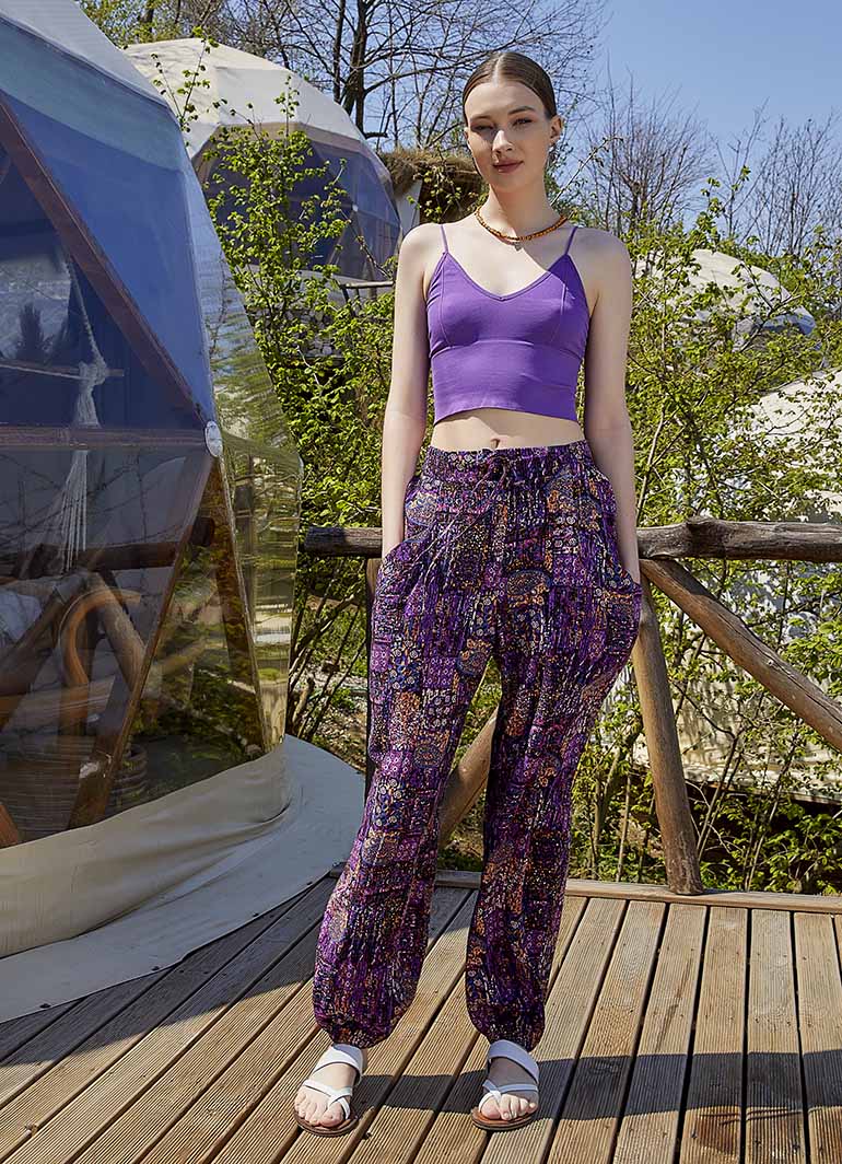 Bohemian Style Flowy Baggy Trousers - Purple Mandala