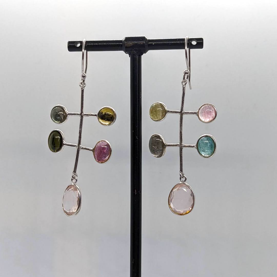 Handmade Silver Earrings Raw Stones  - Tourmaline Rose Quartz Gemstones Dangle 4 Lines