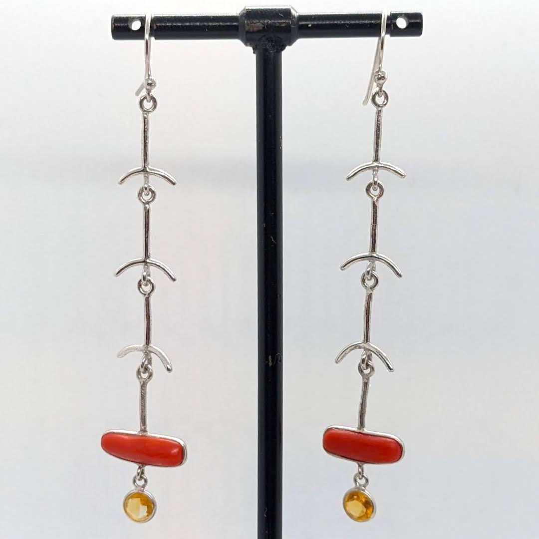 Handmade Silver Earrings Raw Stones  - Rectangle Coral Citrine Dangle Ladder