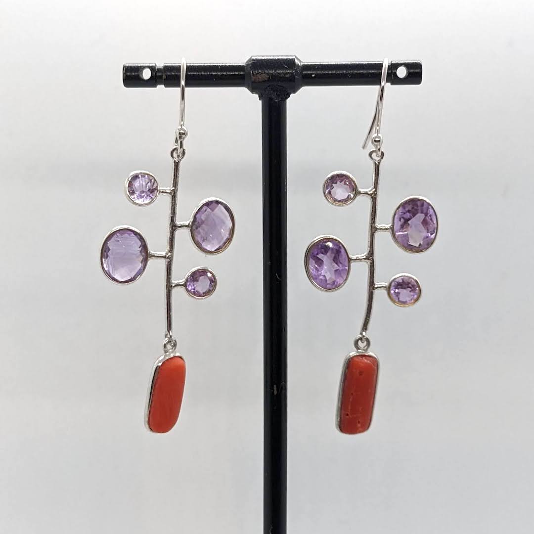 Handmade Silver Earrings Raw Stones  - Rectangle Coral Line Amethyst Dangle