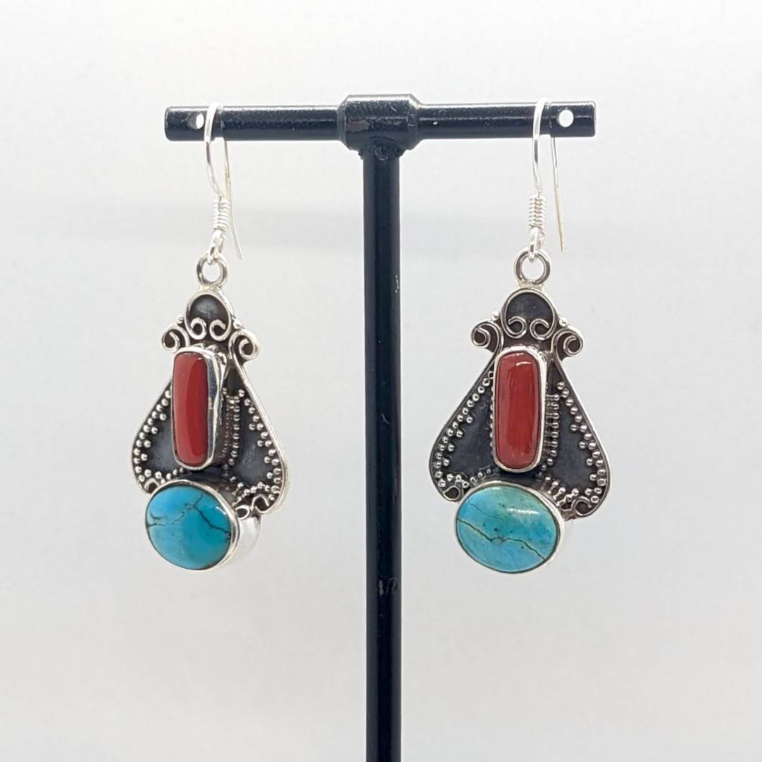 Handmade Silver Earrings Raw Stones  - Spade Turquoise Coral Heavy