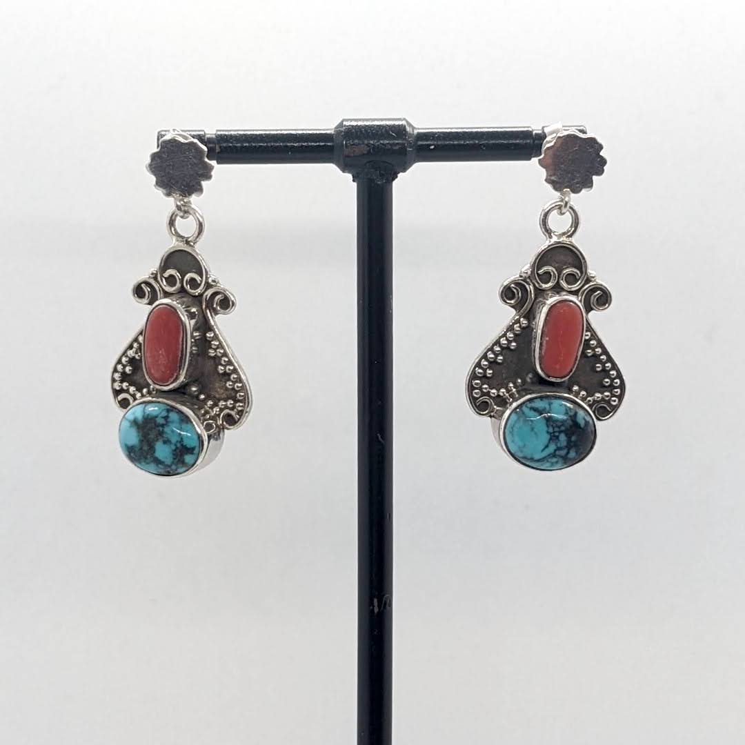 Handmade Silver Earrings Raw Stones  - Spade Turquoise Coral Light Push-Pin