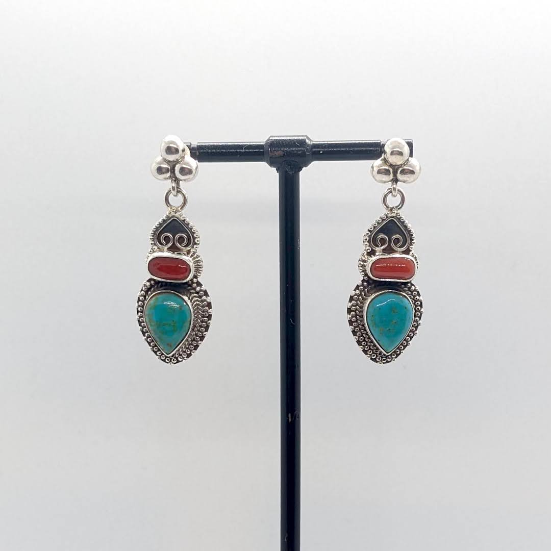 Handmade Silver Earrings Raw Stones  - Scarab Turquoise Coral Push Pin