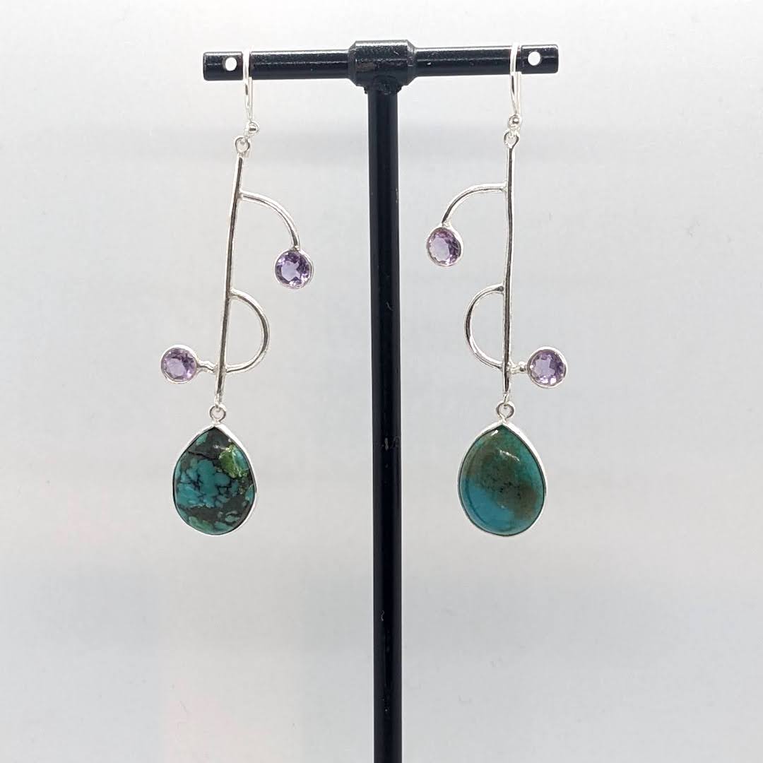 Handmade Silver Earrings Raw Stones  -Turquoise Amethyst Tear Drop