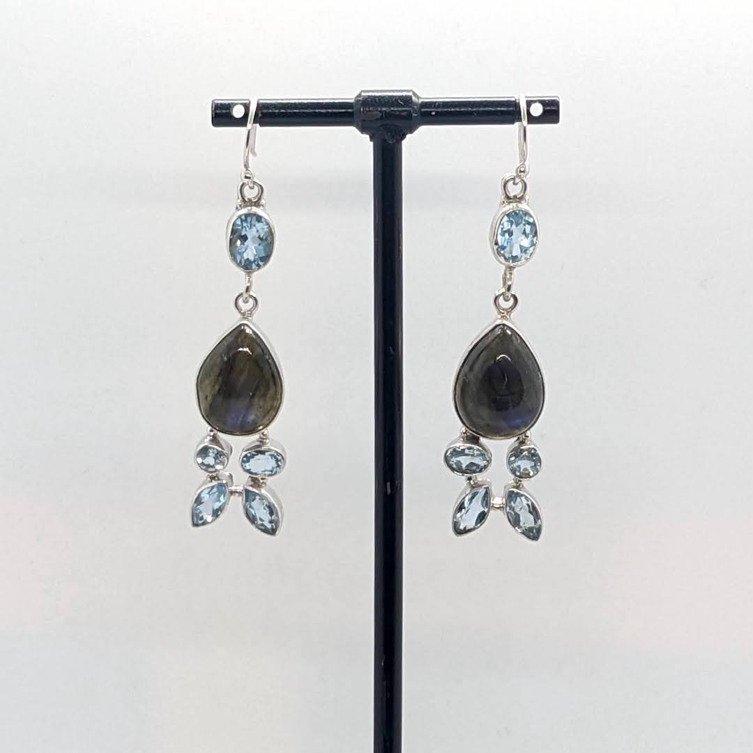 Handmade Silver Earrings Raw Stones  - Labradorite Aquamarine Tear Drop
