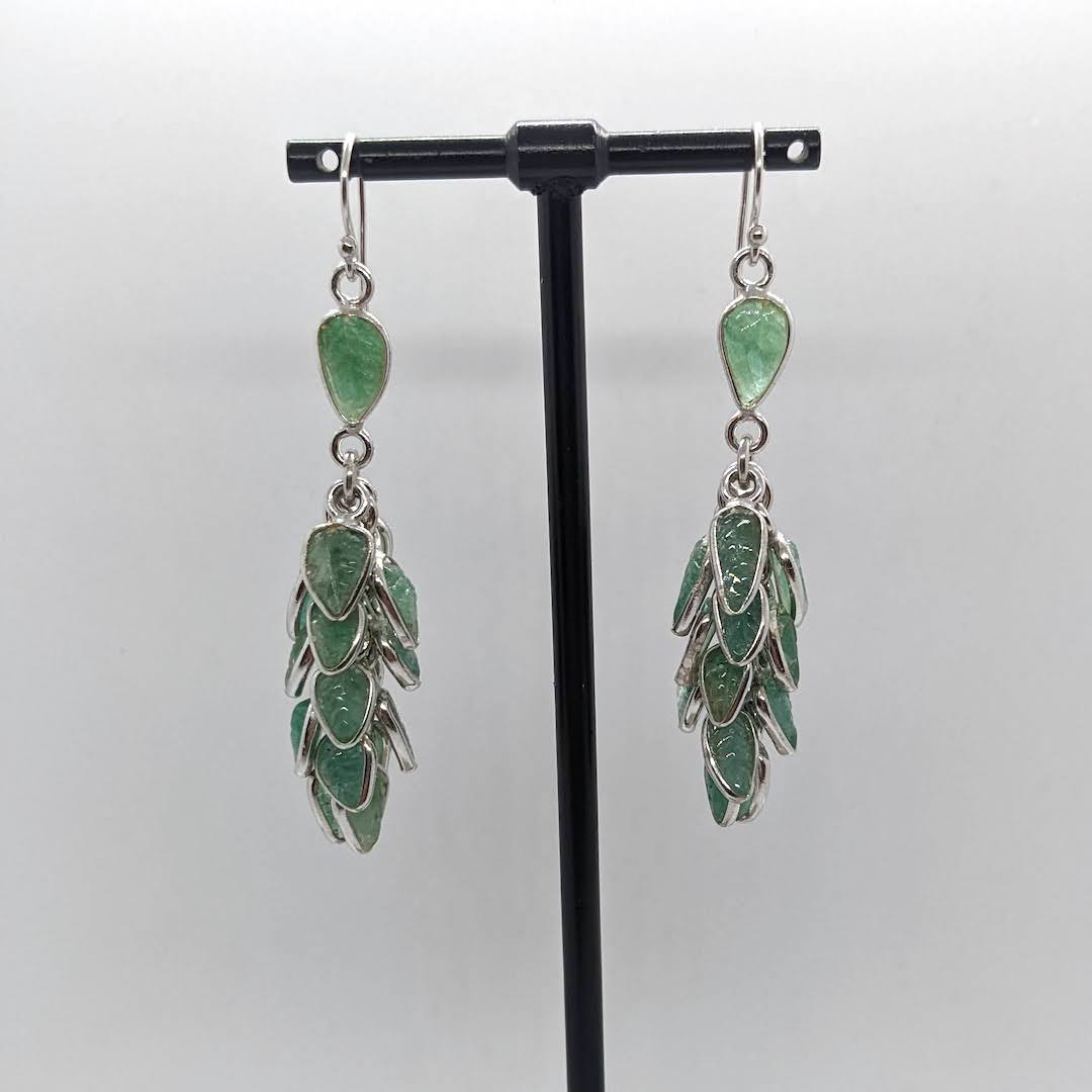 Handmade Silver Earrings Raw Stones  - Emerald Leafs
