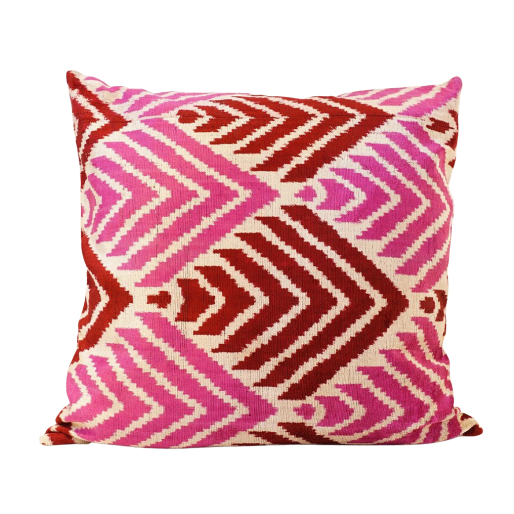 Velvet Cotton & Silk IKAT Cotton Back Single Cushion Cover -Pink Red Leaves