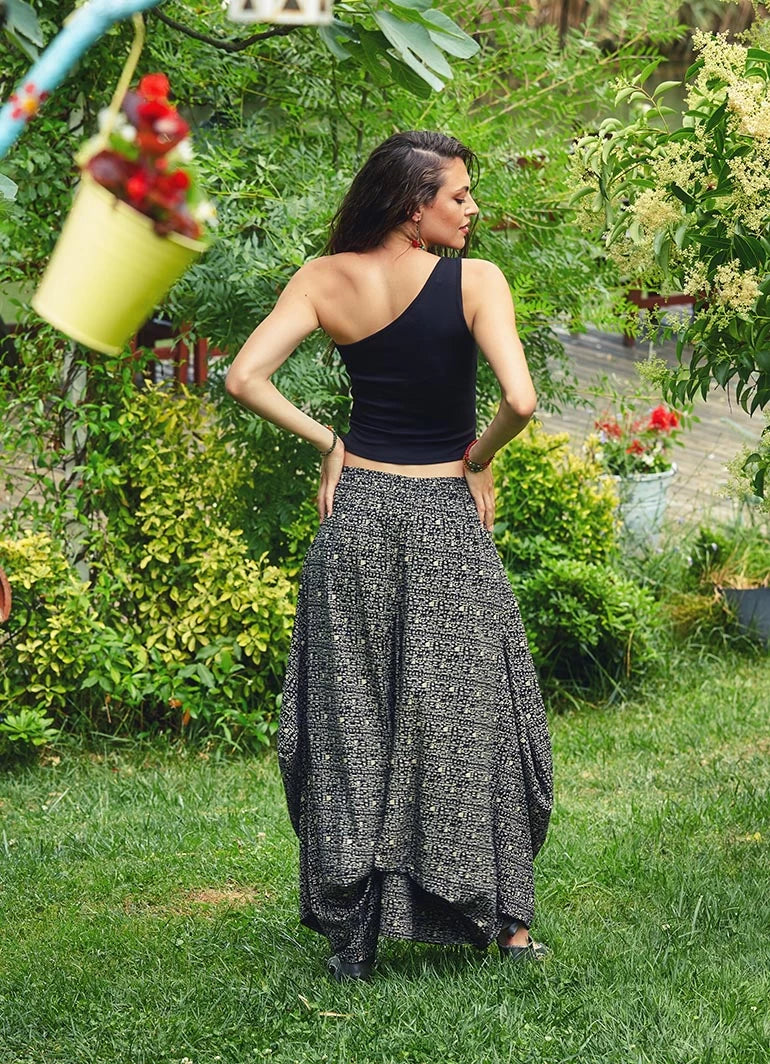 Balloon Skirt Boho Style Elastic Waist Oversized Pockets Skirt - Gray Tribal