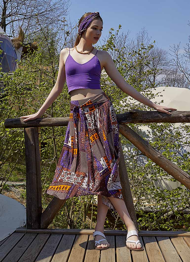 Bohemian Asymmetrical Hem Flowy Midi Skirt- Freesize - Purple Patch
