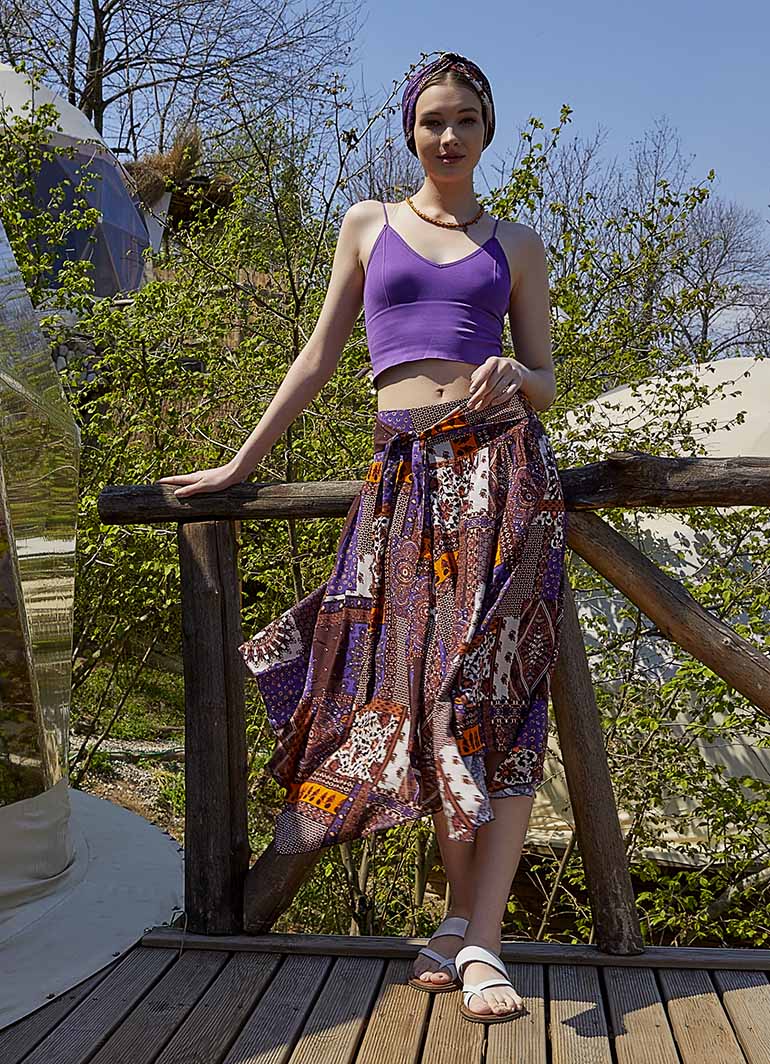 Bohemian Asymmetrical Hem Flowy Midi Skirt- Freesize - Purple Patch