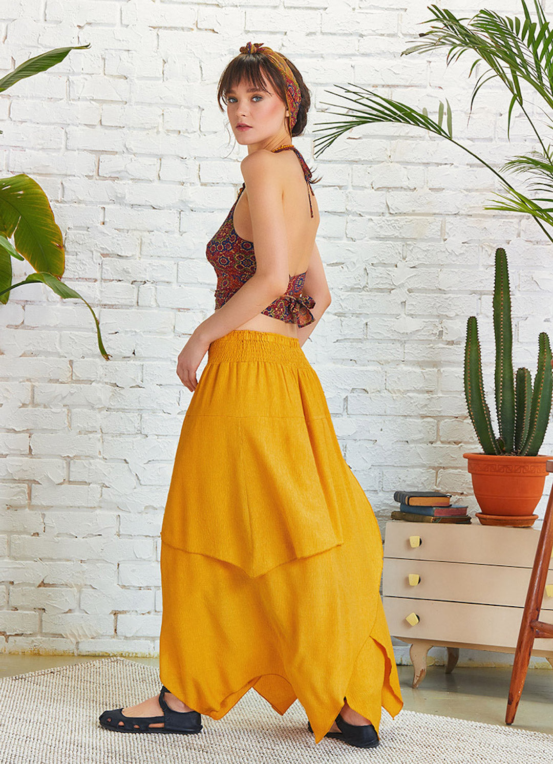 Smocked Waist Layered Maxi Boho Skirt - Yellow