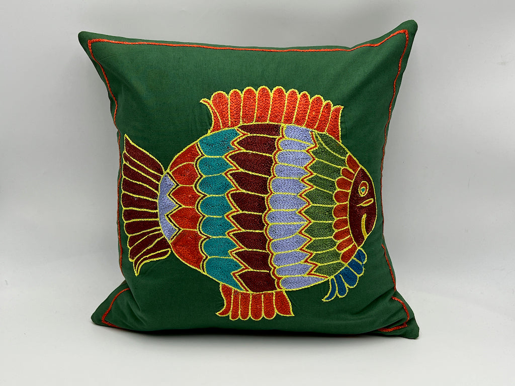 Suzani Cotton Pillow 50x50 CM 20"x20" - Green Fish