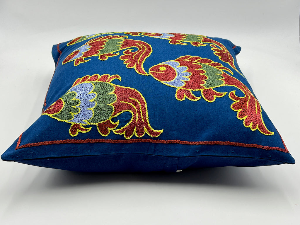Suzani Cotton Pillow 50x50 CM 20"x20" - Blue Fish