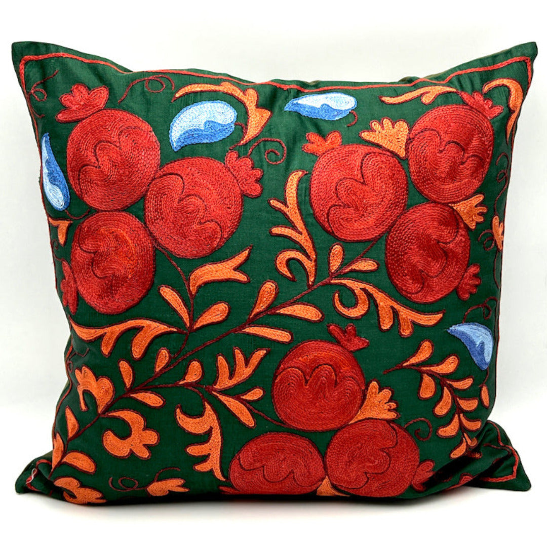 Suzani Silk Pillow Cover Handmade Cushion Cover - Fire Pomegranate