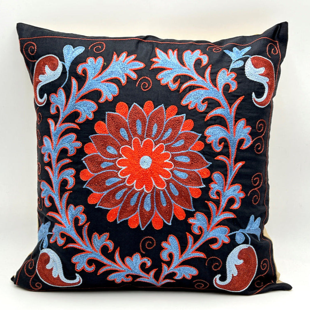 Suzani Silk Pillow Cover Handmade Cushion Cover - Black Red Bloom