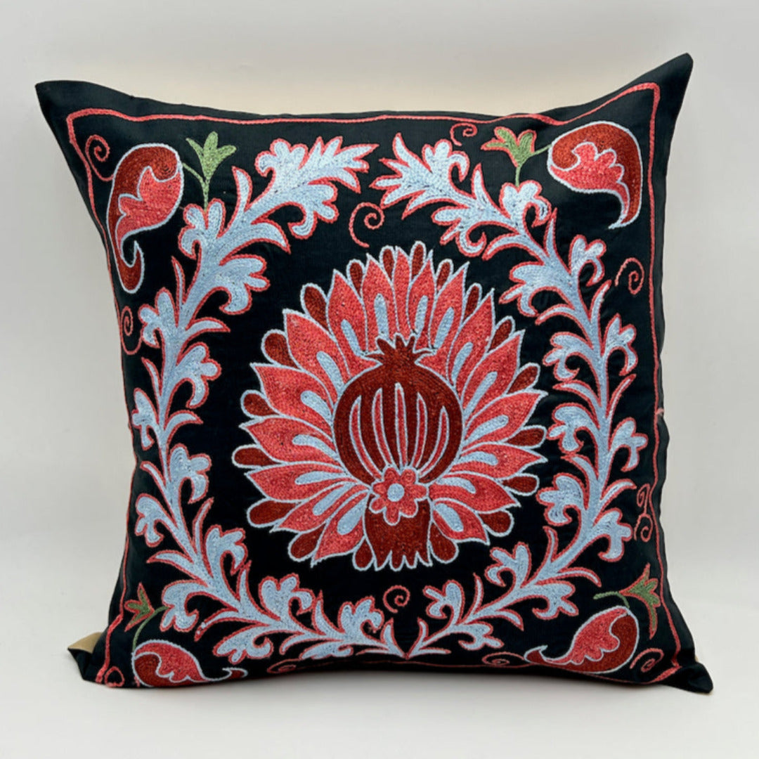Suzani Silk Pillow Cover Handmade Cushion Cover - Black Red Pomegranate Bloom