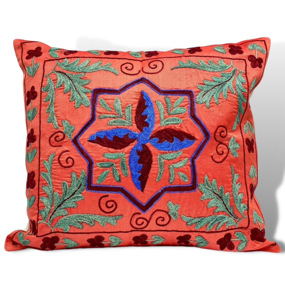Suzani Silk Pillow Cover Handmade Cushion Cover - Brick 4 Sides