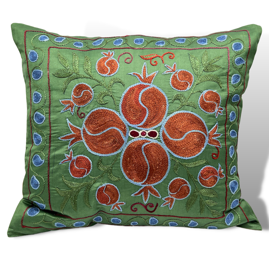 Suzani Silk Pillow Cover Handmade Cushion Cover - Sage Pomegranate Symmetry