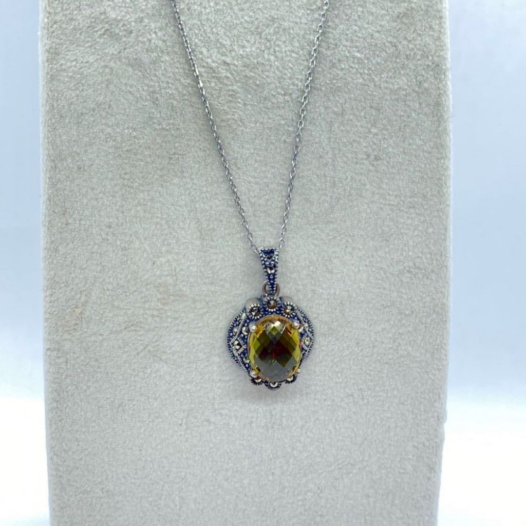 Zultanite Pendant with Chain - Faceted Marcasite Deco