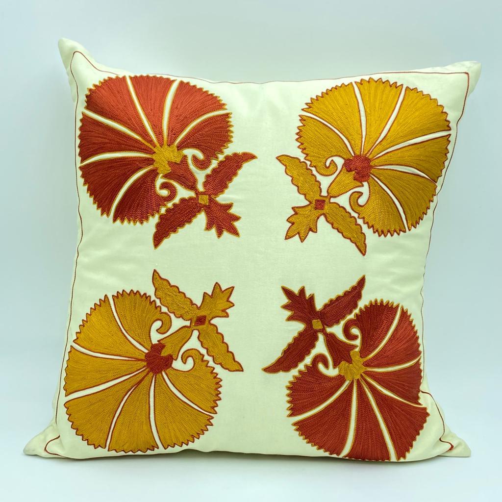 Suzani Cushion Pillow Cover Silk on Cotton Highest Quality - 4 Corners Carnation