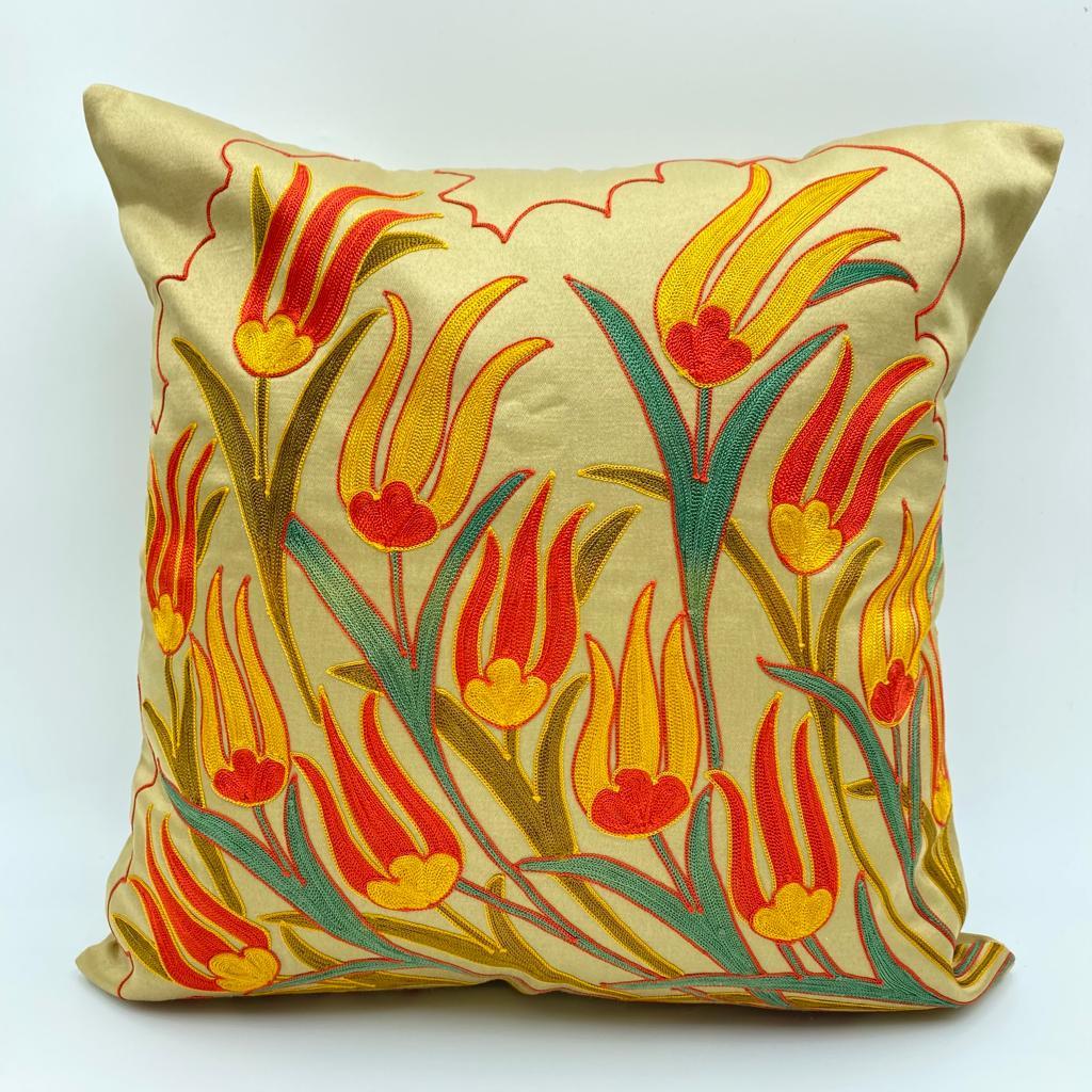 Suzani Cushion Pillow Cover Silk on Cotton Highest Quality - Beige Growing Tulip