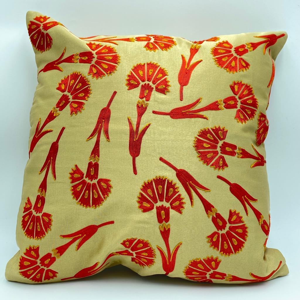 Suzani Cushion Pillow Cover Silk on Cotton Highest Quality - Carnation Red Beige