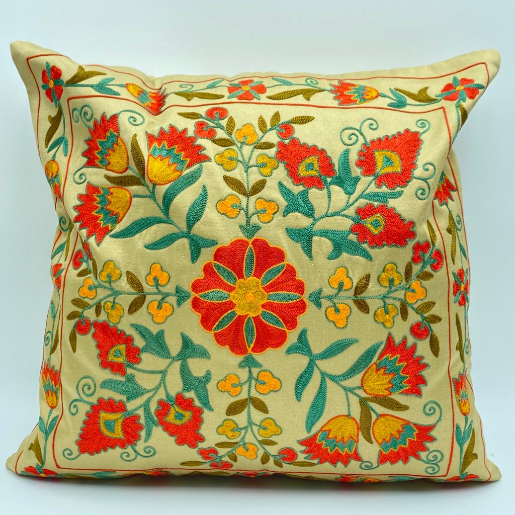 Suzani Cushion Pillow Cover Silk on Cotton Highest Quality - Floral Bloom Beige