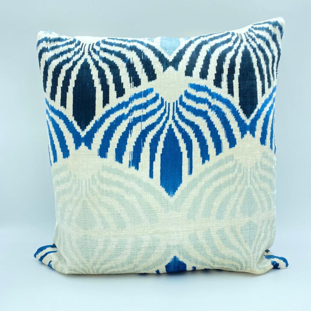Velvet Silk Square Cushion Big 50x50CM IKAT Silk Back - White Blue