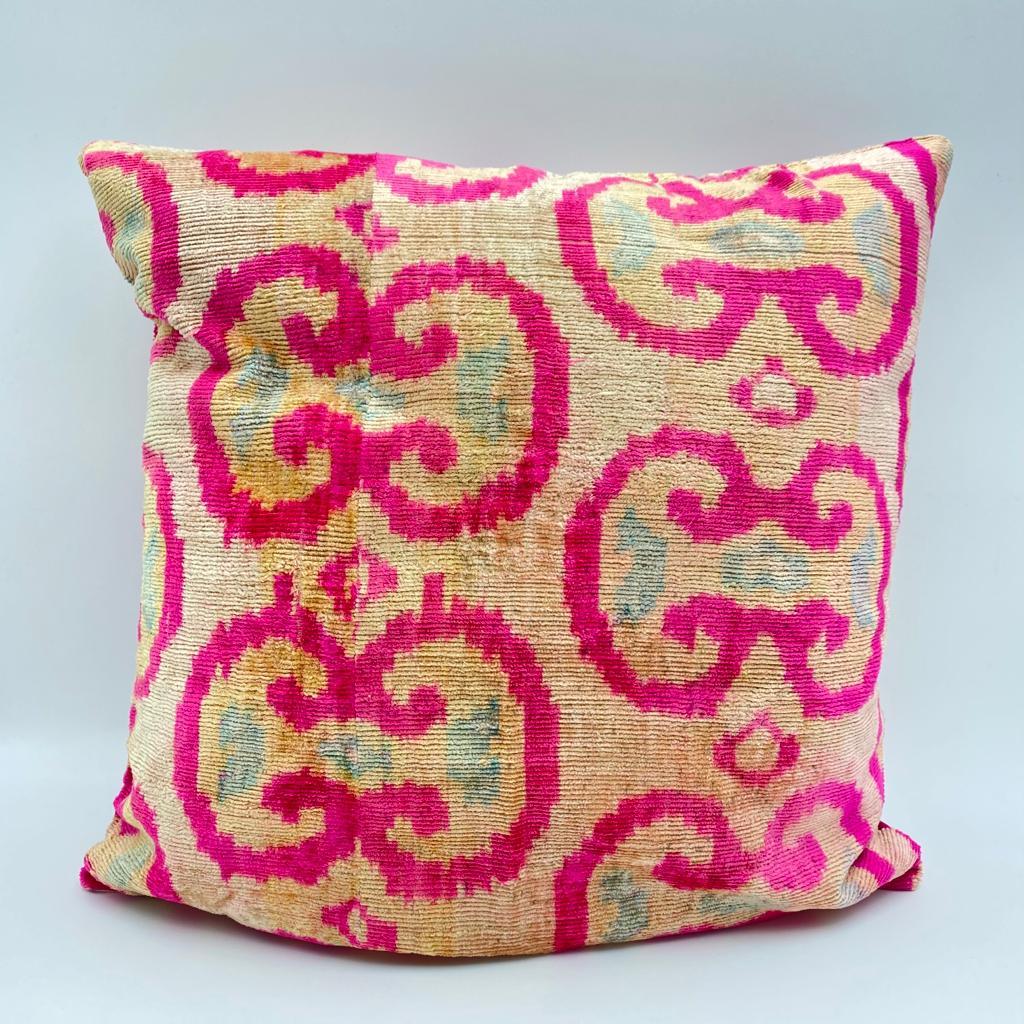 Velvet Silk Square Cushion Big 50x50CM IKAT Silk Back- Pink Smiles