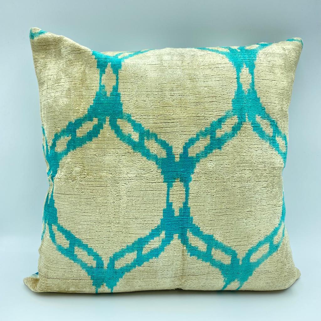 Set of 2 Velvet Silk Square Cushion Big 50x50CM IKAT Silk Back - Turquoise Tiles