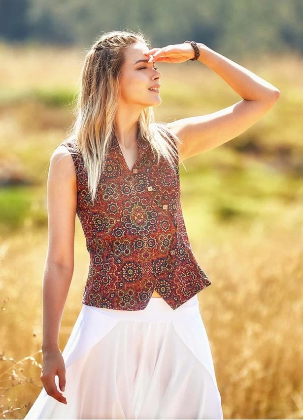 Zaggies - Ethnic Printed Button Down Red Patch Shirt Vest - Mawlana Cashmere & Silk