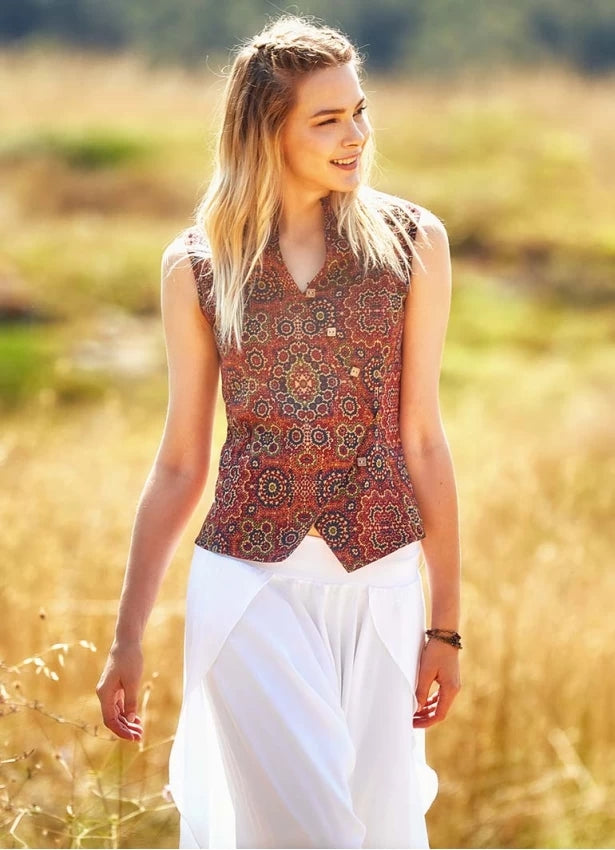 Zaggies - Ethnic Printed Button Down Red Patch Shirt Vest - Mawlana Cashmere & Silk