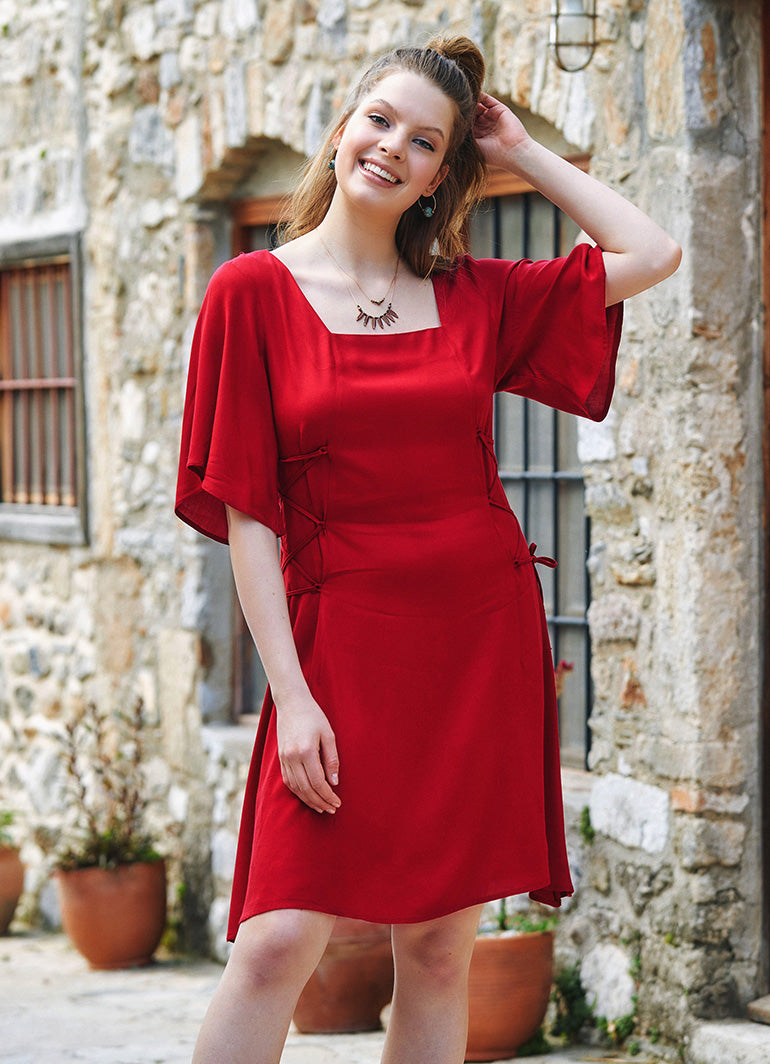 Square Neck Boho Short Dress - Red