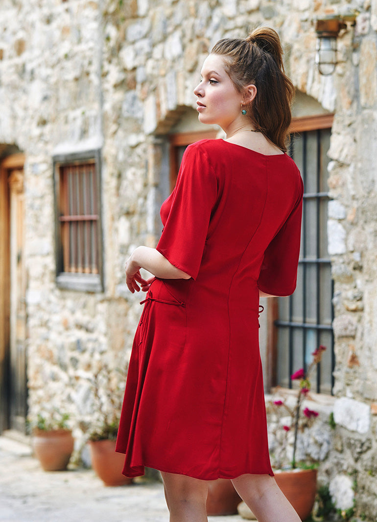 Square Neck Boho Short Dress - Red