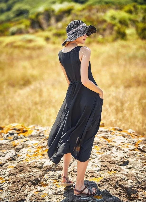 Juby Viscose Boho Sleeveless Dress Balloon Skirt - Black
