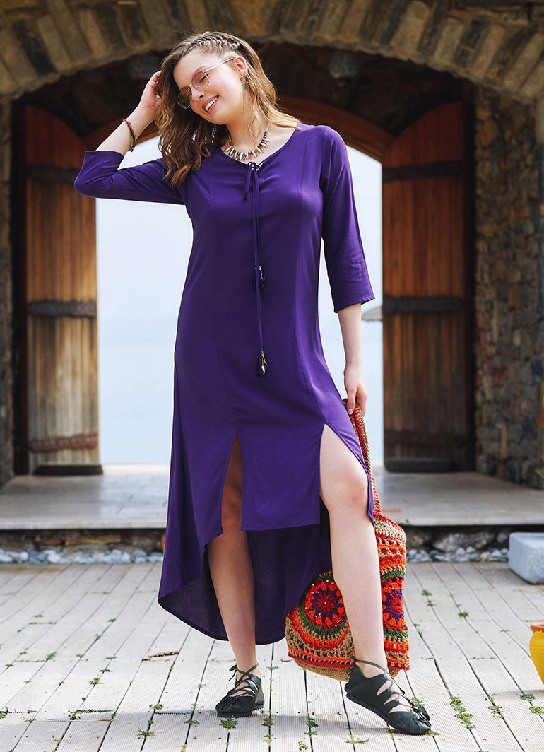 Beaded Slits Boat Neck Tassel Tunic Dress - Purple